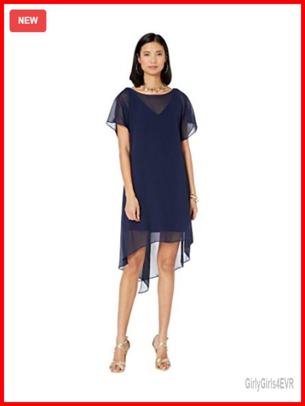 Chiffon Overlay Sheath Dress Illusion Neckline Flutter Sleeve
